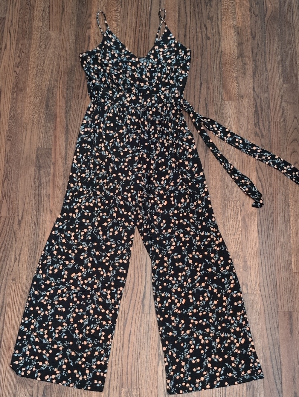 Kaileigh Black Floral Wide-Leg Jumpsuit with Tie Waist